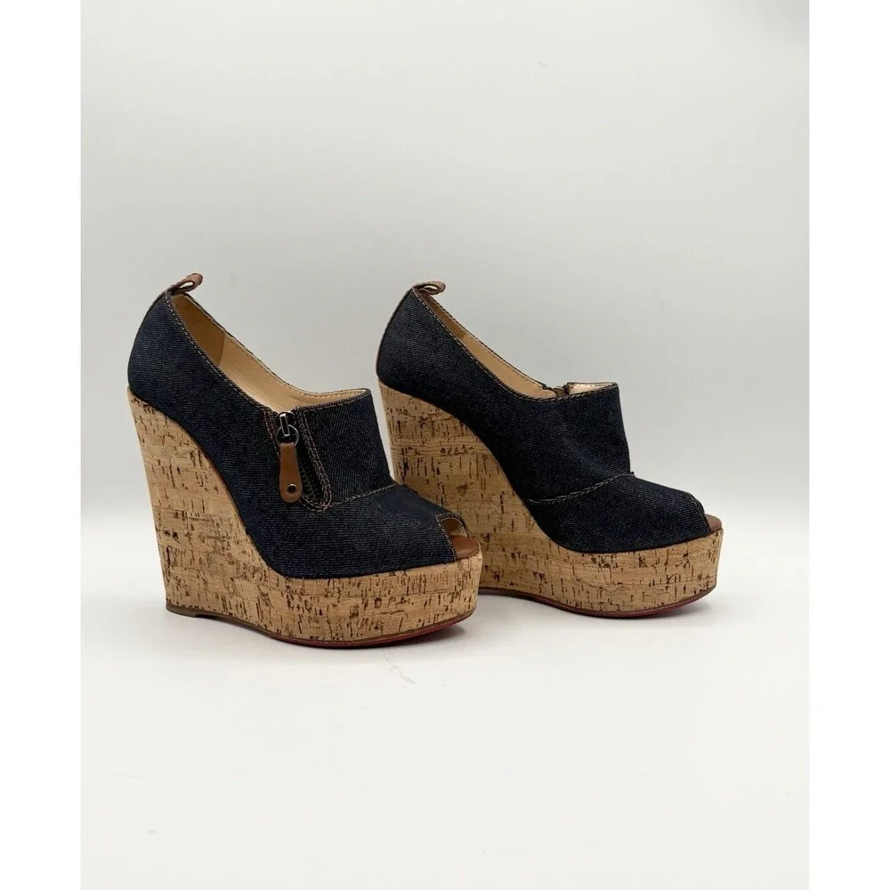 Christian Louboutin Denim Peep Toe Cork Platform Wedge Heels Size EU 36